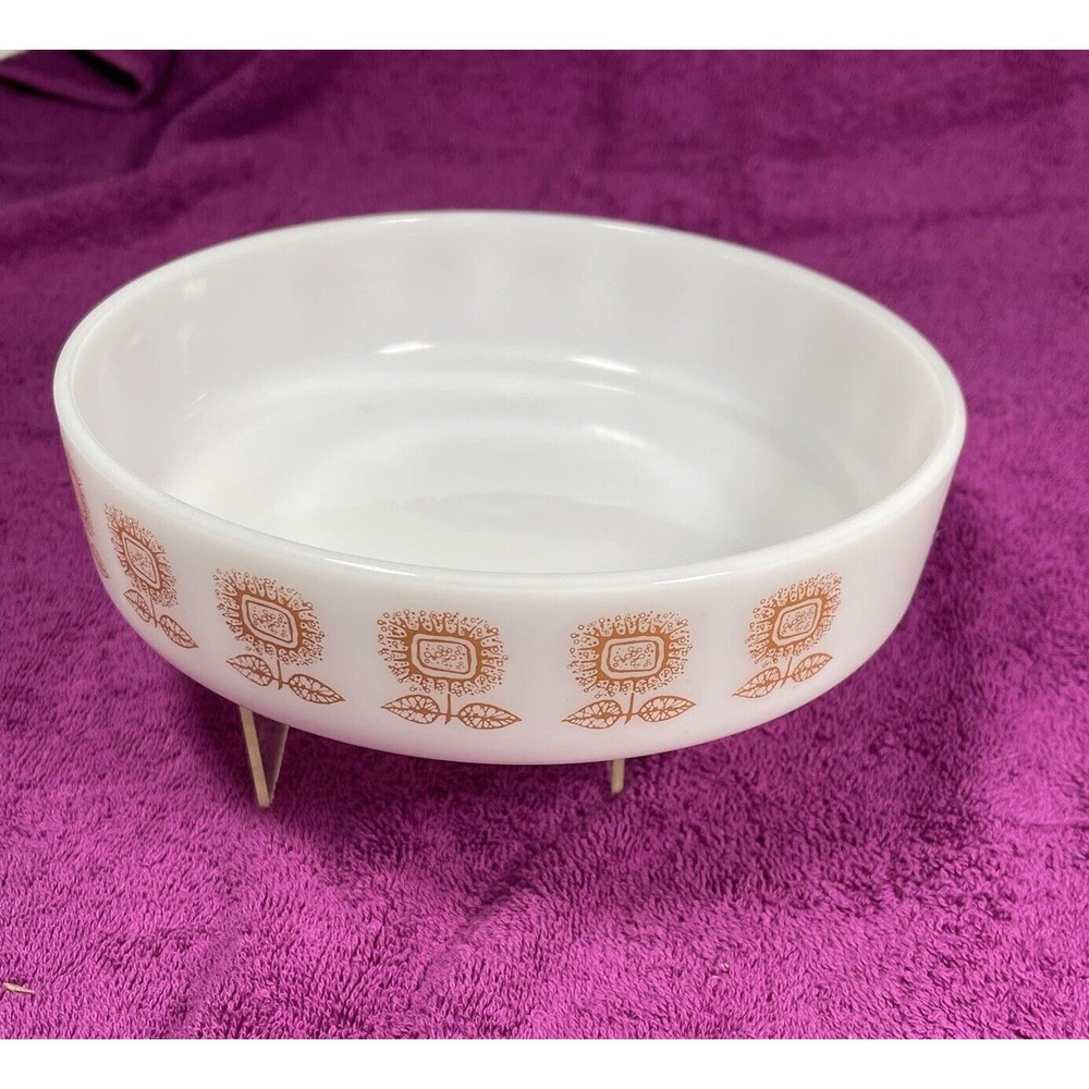1960s 8" Footed Round Federal Milk Glass Brown Sunflower Bowl